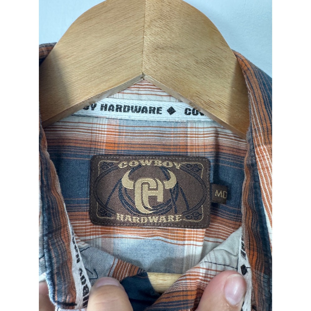 Western Cowboy Hardware Kids Med Shirt Orange Blue Plaid Bull Skull Snap Front - Picture 3 of 10